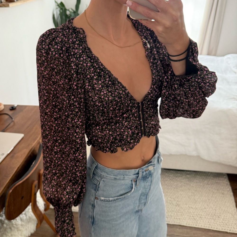 For Love & Lemons Women Floral Black Crop Top Sz Small